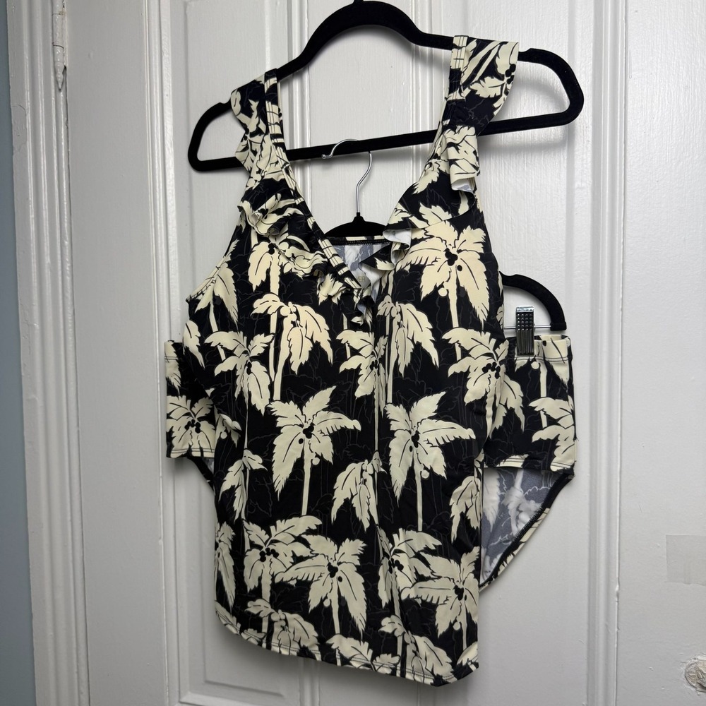 Susan Graver Soleil Ruffle Neck Tankini Set Palm Tree Print Black White 18W NWOT